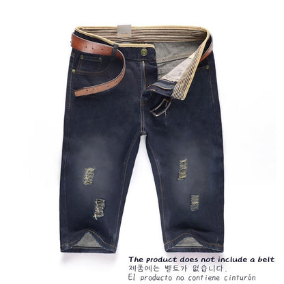 29-40 New Summer Men's Personalized Washable Perforated Denim Pants Large Casual Middle Pants