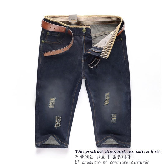 29-40 New Summer Men's Personalized Washable Perforated Denim Pants Large Casual Middle Pants