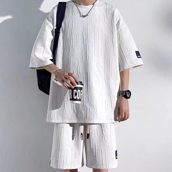 2025 3D Men's new Waffle TZ30 Summer Suit  Casual T-shirt + Shorts Suit Men's Tracksuit Solid color tracksuit loose suit