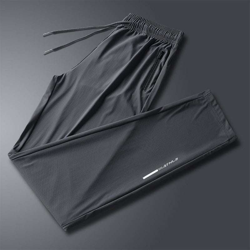 Calça jogging masculina com cordão na cintura, fresca, de secagem rápida e respirável, calça esportiva da moda de alta elasticidade, adequada para fitness