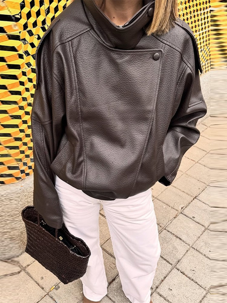 Faux Leather Stand Collar Bomber Jacket Women Locomotive Epaulet Slant Opening Ruched Coats Fashion Autumn Winter Lady Outerwear