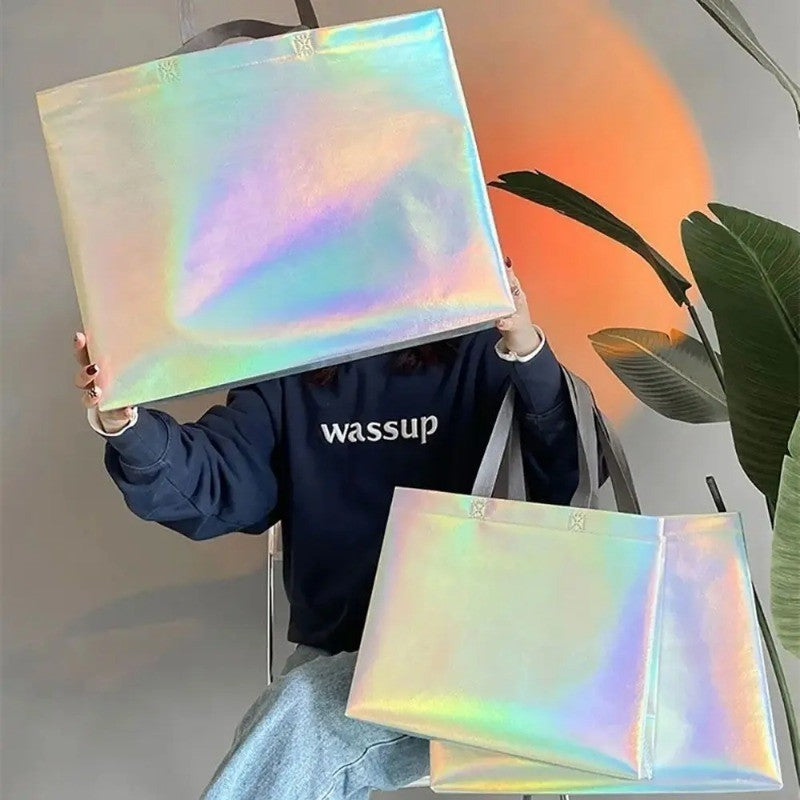 10Pcs Reusable Silver Laser Tote Bag Durable Non Woven Gift Shopping Bag for Wedding Bridesmaid Party Birthday Eco Friendly