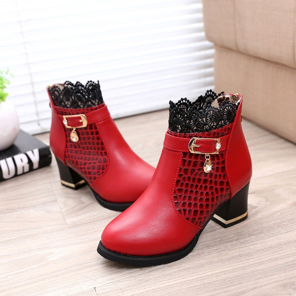 Women'S Ladies Boots Fall Winter Vintage Leather Lace Short Boots Shoes Women'S Fashion Lace Trim Boots Mid-Heeled Boots