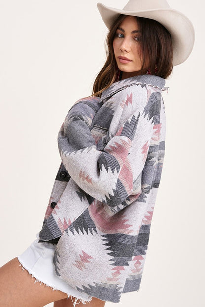 Vintage Jacket Women Splicing Loose Jacket Denim Print Aztec Retro Ethnic Style Long Sleeved Shirt Streetwear Female Goth Coat