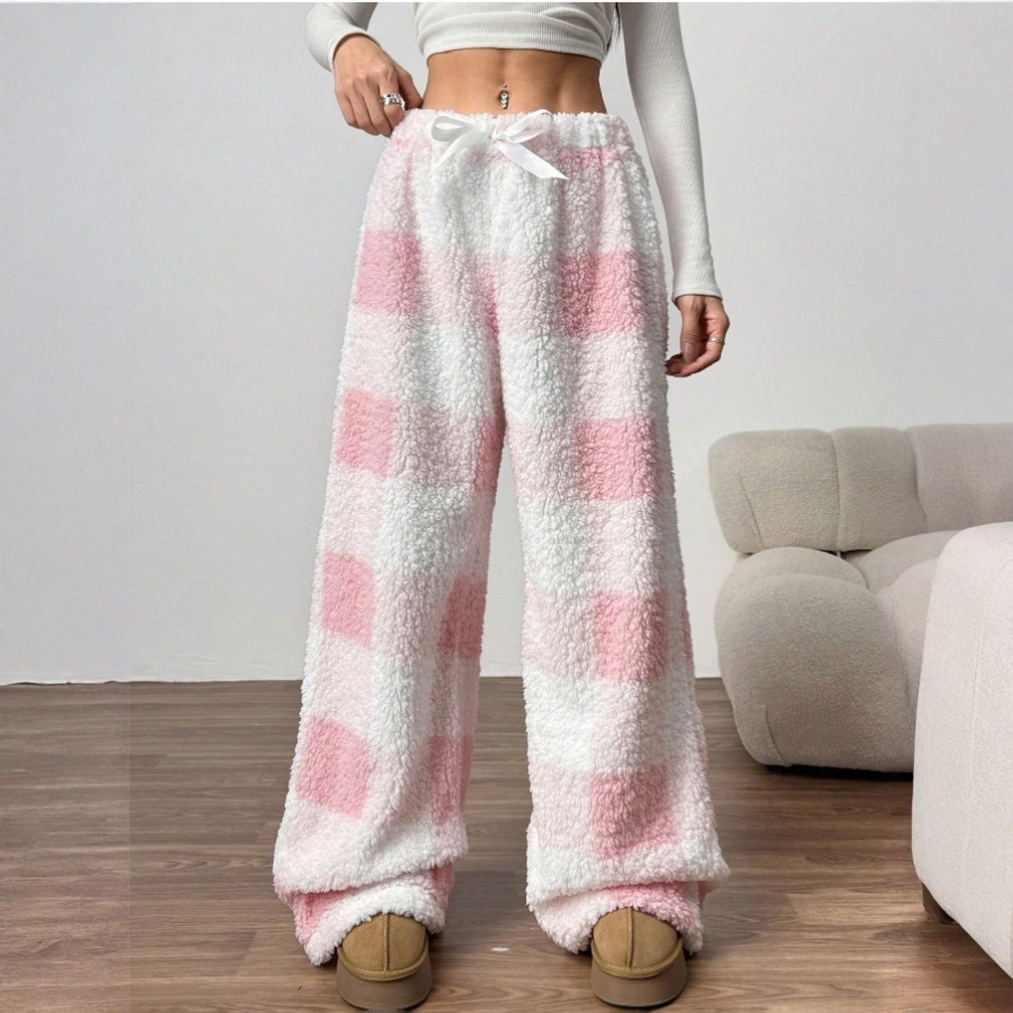 Christmas Elastic Waist Long Pants Women Trousers Wide leg Casual Female Belt Plaid Loose Ankle-Length Home Pants 2YK Pajama
