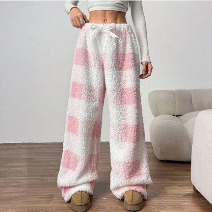 Christmas Elastic Waist Long Pants Women Trousers Wide leg Casual Female Belt Plaid Loose Ankle-Length Home Pants 2YK Pajama