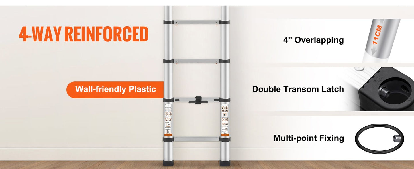 SucceBuy Escada Telescópica 3,8 m Alumínio Retração com Um Botão Extensão Dobrável Capacidade de 170 kg c/Antiderrapante para Casa e Trailer