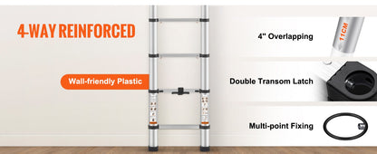 SucceBuy Escada Telescópica 3,8 m Alumínio Retração com Um Botão Extensão Dobrável Capacidade de 170 kg c/Antiderrapante para Casa e Trailer