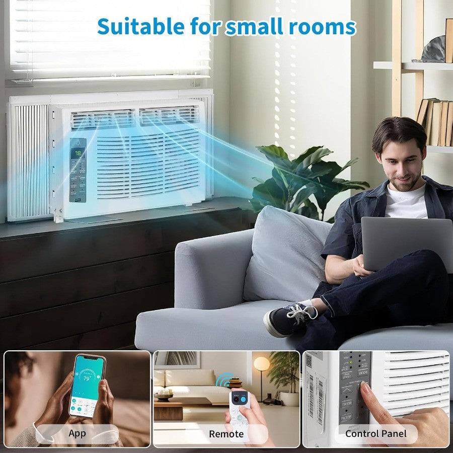 Ar Condicionado de Janela de 6000 BTU com Controle Inteligente Habilitado para WiFi e Operação Remota, Funcionalidade 3 em 1 de Ventilador e Desumidificador para Efic