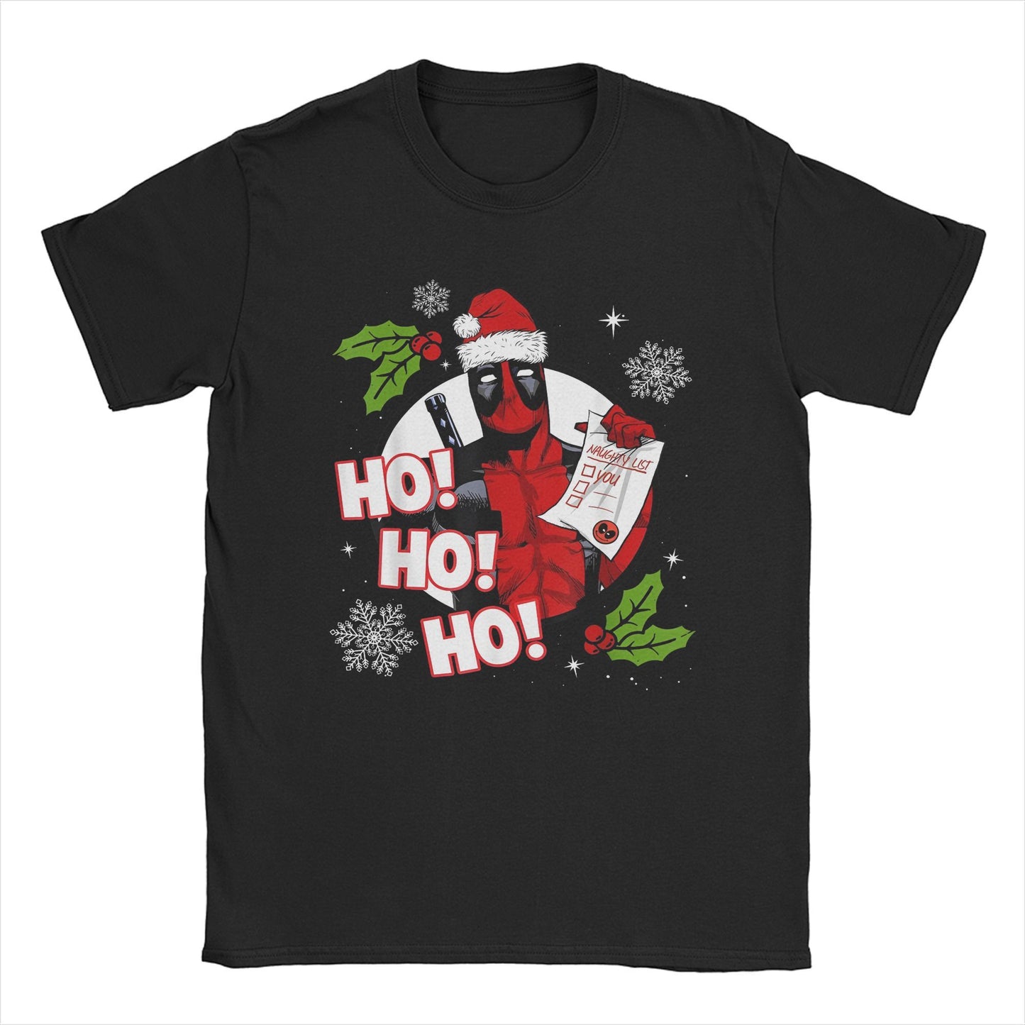 Men's Deadpool Santa Naughty List Christmas Graphic T Shirts HO! 100% Cotton Tops Novelty Short Sleeve O Neck Tees Gift T-Shirt