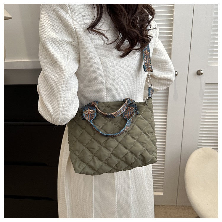 Women Wide Shoulder Belt Handbag Fall/Winter Rhombus Space Cotton Shoulder Bag Large Capacity All-Match Shopping Tote Bag