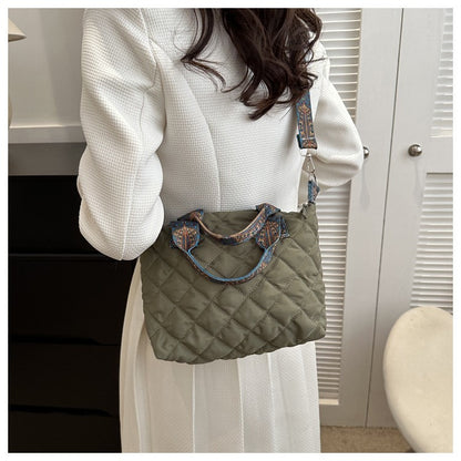 Women Wide Shoulder Belt Handbag Fall/Winter Rhombus Space Cotton Shoulder Bag Large Capacity All-Match Shopping Tote Bag