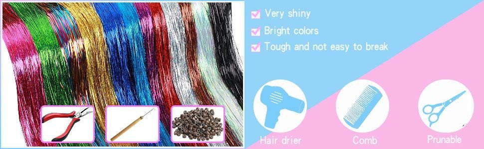 Kit de Fios Brilhantes Coloridos de Glitter para Cabelo, Fio de Cabelo Dourado Brilhante, Extensões de Corda, Acessórios de Cabelo para Mulheres, Enfeite de Cabelo
