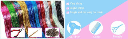 Kit de Fios Brilhantes Coloridos de Glitter para Cabelo, Fio de Cabelo Dourado Brilhante, Extensões de Corda, Acessórios de Cabelo para Mulheres, Enfeite de Cabelo