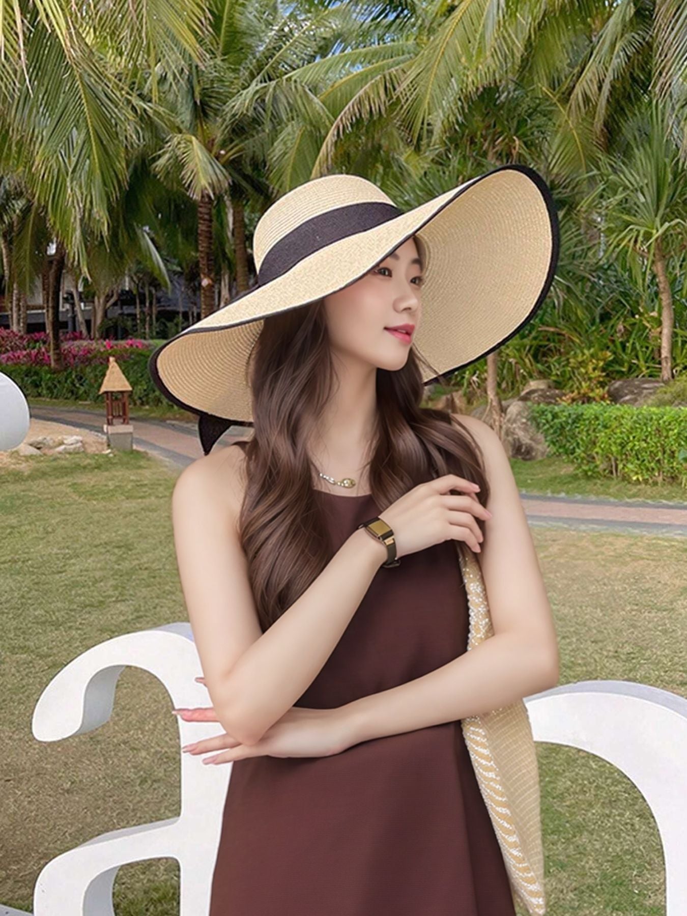 Beach Straw Hat For Women Summer Seaside Vacation Oversized Brim Wweet Bow Lace Edge Sun Protection Hat Foldable