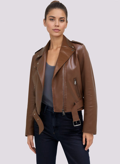 Women's Bright Red Long-sleeve PU Jacket, Lapel Collar Black Short Faux Leather Coat, Available in Dark Brown or Beige.