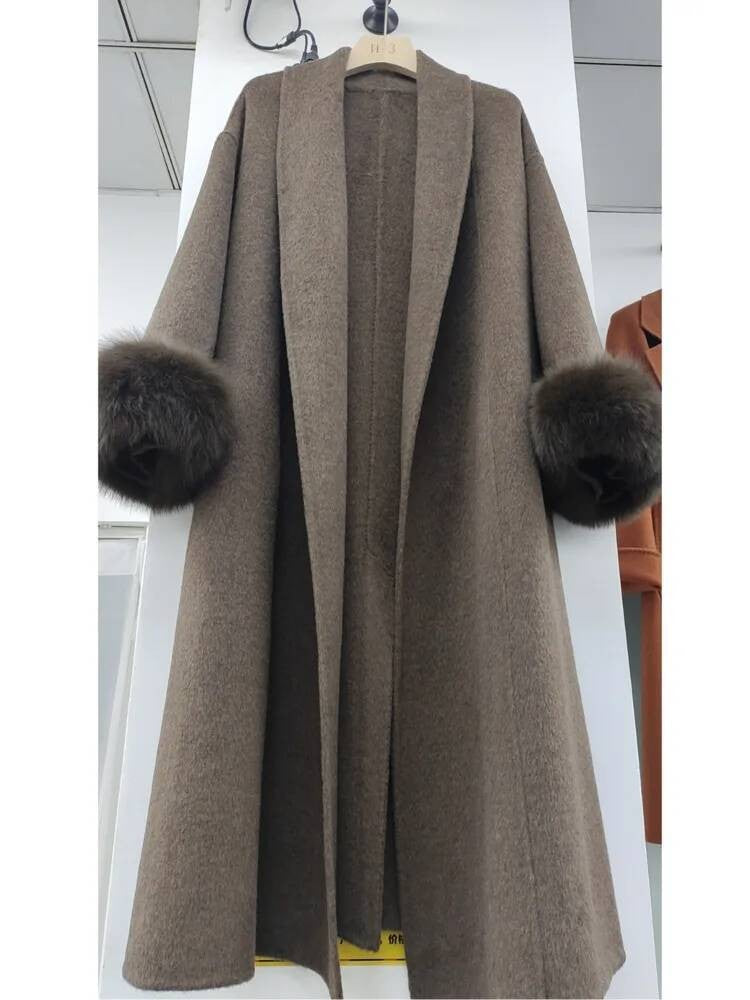 [EWQ] Wool Fox Fur Sleeve Women Coat Elegant Clothing Autumn 2025 Winter Double-sided Jacket Big Size Wine Red Overcoats 16O2751