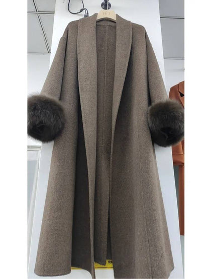 [EWQ] Wool Fox Fur Sleeve Women Coat Elegant Clothing Autumn 2025 Winter Double-sided Jacket Big Size Wine Red Overcoats 16O2751