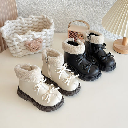 Girls Padded Fashion Leather Boots 2-18 Years Old Thickened Bow Hairy Girls Cotton Shoes Winter Beige Soft Non-slip Kids Boots