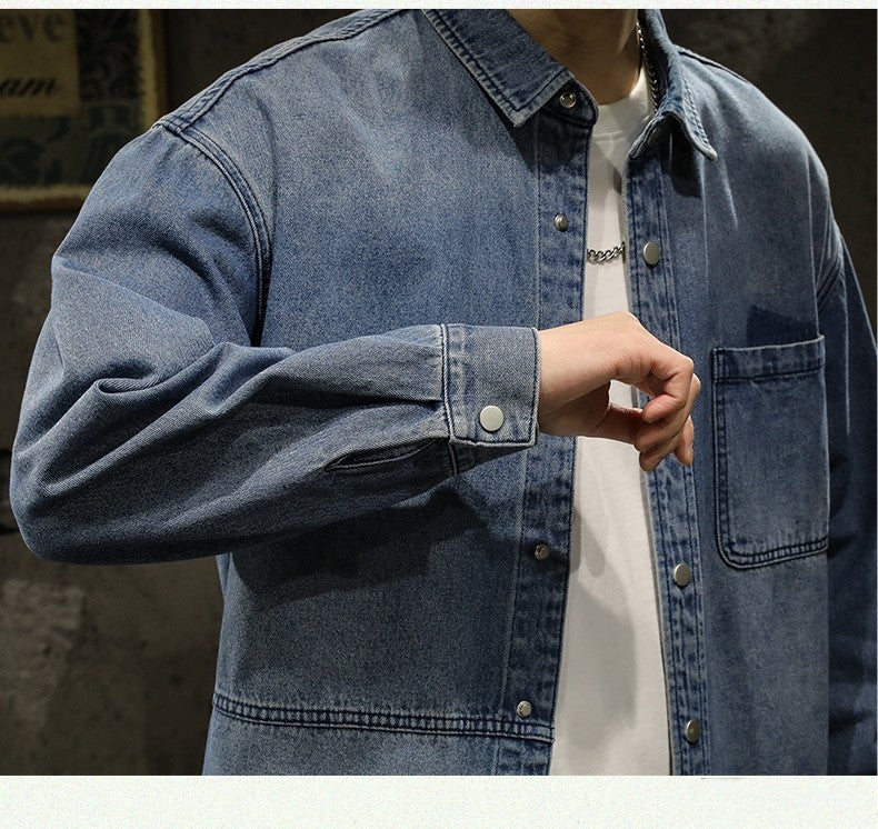 American Sle Heavyweight Men's Denim irt Loose Workwear Jaet Casual Long Sve Breathable Moisture ng Pure Color