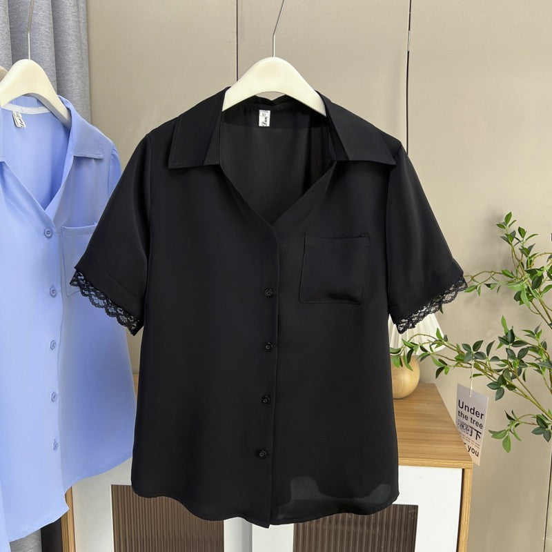 Plus Size Women's Summer New Style Lace Sleeve V-Neck Short Sleeve Shirt Fresh And Elegant Fashionable Blouse Polyester Fabric
