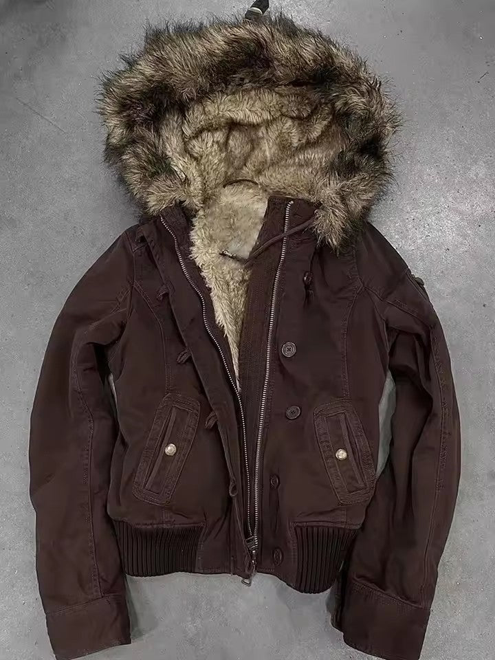 Vintage Fur Lined Bomber Jacket Womens Brown Zipper Hooded Coat with Sherpa Lining  Ribbed Cuffs Y2K Autumn and Winter Clothing