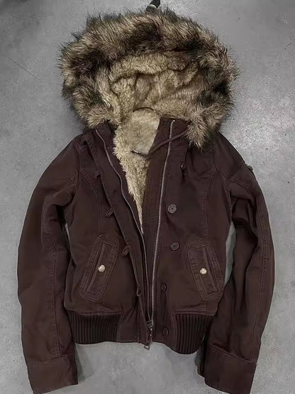 Vintage Fur Lined Bomber Jacket Womens Brown Zipper Hooded Coat with Sherpa Lining  Ribbed Cuffs Y2K Autumn and Winter Clothing