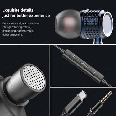 USB Type C Earbuds Metal Heavy Bass Earphones In Ear Noise Reduction 3.5mm Wired Headphones with Mic for Samsung Galaxy iPhone
