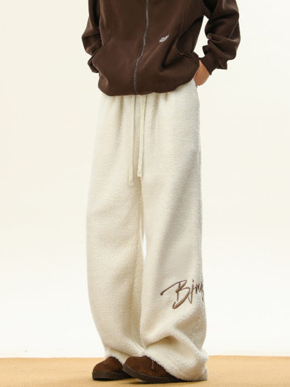 Women's Embroidered Flannel Sweatpants American Lamb Fleece Cotton Thickened Warm Couple Skiing Pants Autumn