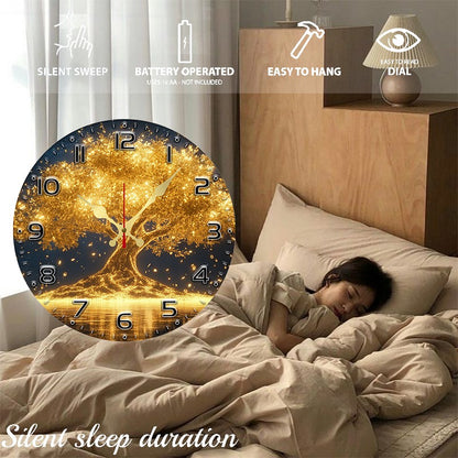 Golden Life Tree Wooden Round Silent Hanging Wall Clock, Suitable For Living Room, Office, Study Room, Bedroom, Home Decoration