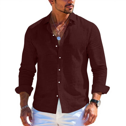 Men's tops long sleeve new style shirt cotton linen cool solid color loose lapel casual beach style cardigan spring and summer