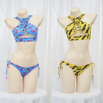 Anime Beach Girl Red Lip And Yellow Danger Warning Line Uniform Printing Bikini Swimsuit Underwear Women Outfits Cosplay Costume