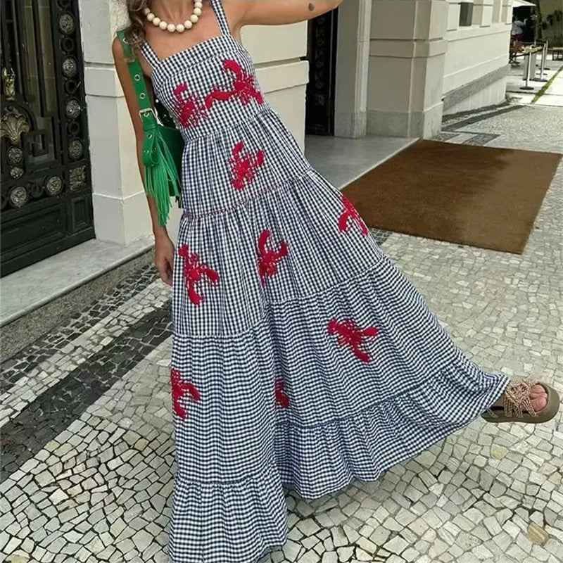 MUJER Plaid Slip Long Dress Woman Embroidery Ruffle Summer Dresses 2025 Sleevele