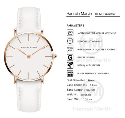 Hannah Martin Brand Japan Quartz Movement Women Fashion Watch Leather Strap Lady Wristwatches Waterproof Clock relogio feminino