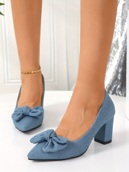 Women's Bowknot Denim Pumps Pointed Toe Slip on Chunky High Heels Fashion Dress Shoes Sapatos Femininos
