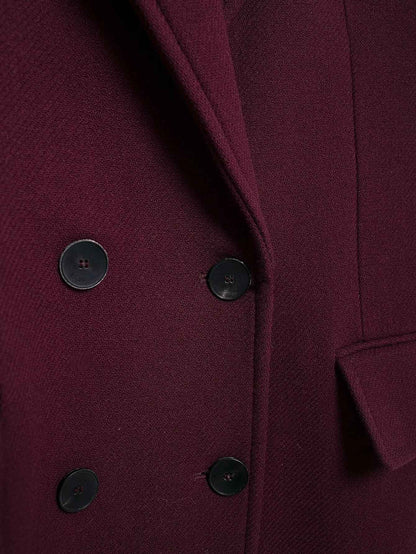 HH Women Fashion Burgundy Woolen Coat Double Breasted Long Sleeve Lapel Blends Jacket Autumn Winter High Street Outerwear