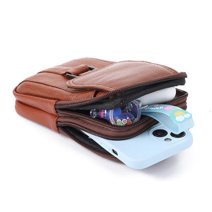 Portable Men Messenger Bags Cowhide Leather Cell Phone Belt Pack Fashion Simple Multi-pockets Casual for Outdoor Sport
