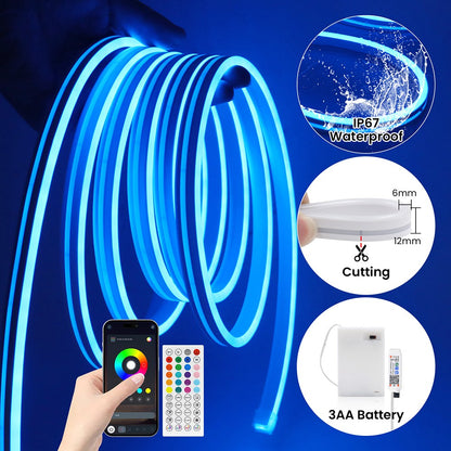 DC5V RGB LED Neon Light AA Battery Powered Bluetooth LED Strip SMD2835 IP65Waterproof Rating 108Leds/m With a remote control