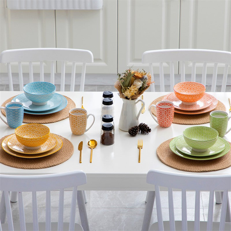 16Pieces Porcelain Multi-Colour Japanese-style Dinnerware Set with 4*Dinner Plate,Dessert Plate,Bowl,Mug Ceramic Tableware Set