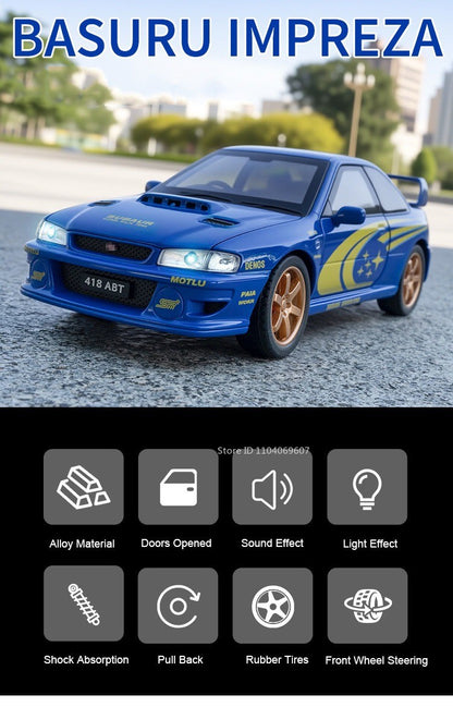 1:32 Subaru Impreza Modelo de Brinquedo de Carro Esportivo de Liga Leve, Carro Superesportivo em Miniatura Fundido com Luz e Som, Portas que Abrem e Fricção para Presentes Infantis