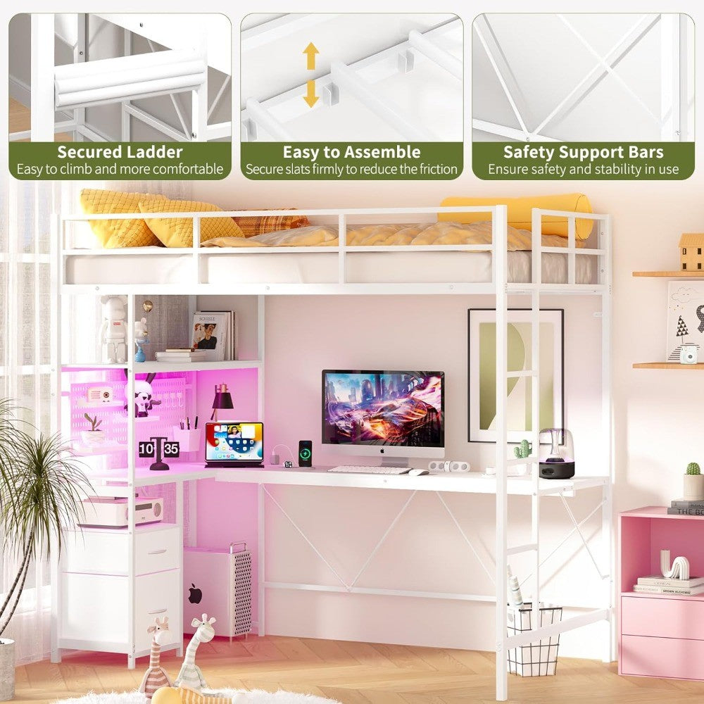 Yoobure Loft Bed Twin Size with L-Shaped Desk, LED Lights Charging Station LED Metal Twin Loft Bed Frame with 2 Storage Drawers