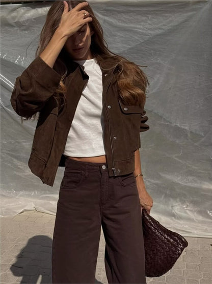 NERHEFZ Women Autumn Jacket with Pockets High Collar Long Sleeve Button Suede Leather Women's Jacket Lady Coats Female Chic Tops