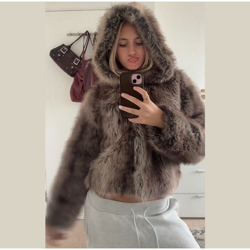 Warm Women's Hooded Faux Fur Cropped Coats Loose V-neck Full Sleeve Thicken Jacket Female 2025 Autumn Winter Lady Luxury Outwear