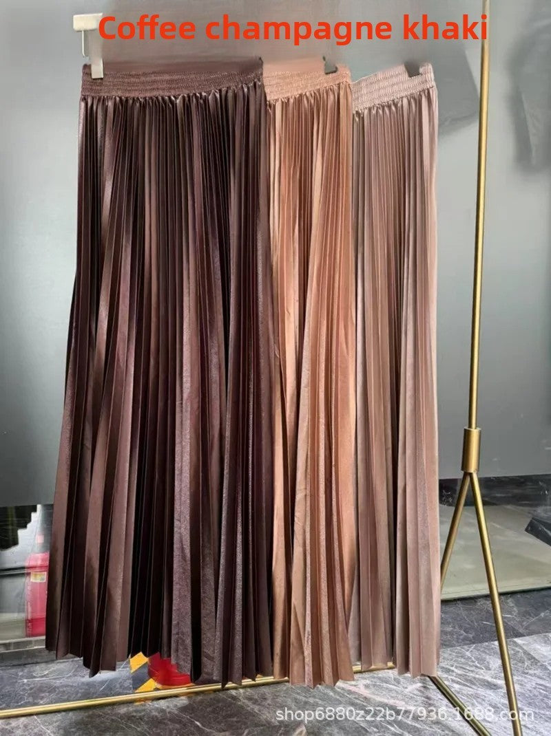 High Waist Satin Pleated Skirt 1 Meter Long Floor Length Pearl Glitter A- Line Umbrella Half Body Skirts Polyester Fiber