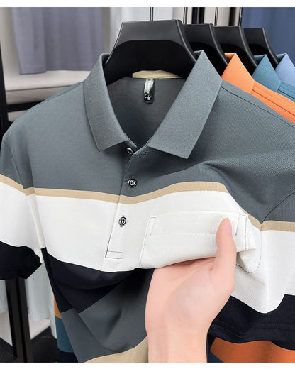 High-quality short sleeve polo shirt men fashion color striped pocket design summer new breathable trendy casual lapel T-shirt