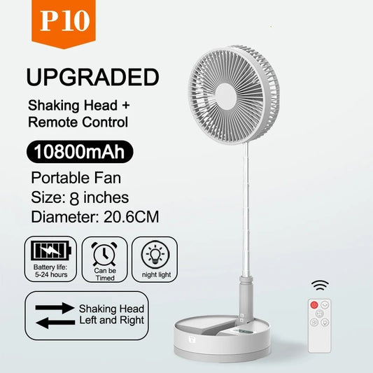 P10 10800mAh Folding Portable Fan USB Remote Control Air Cooler Silent Rechargeable Wireless Floor Standing Fan for Camping Desk