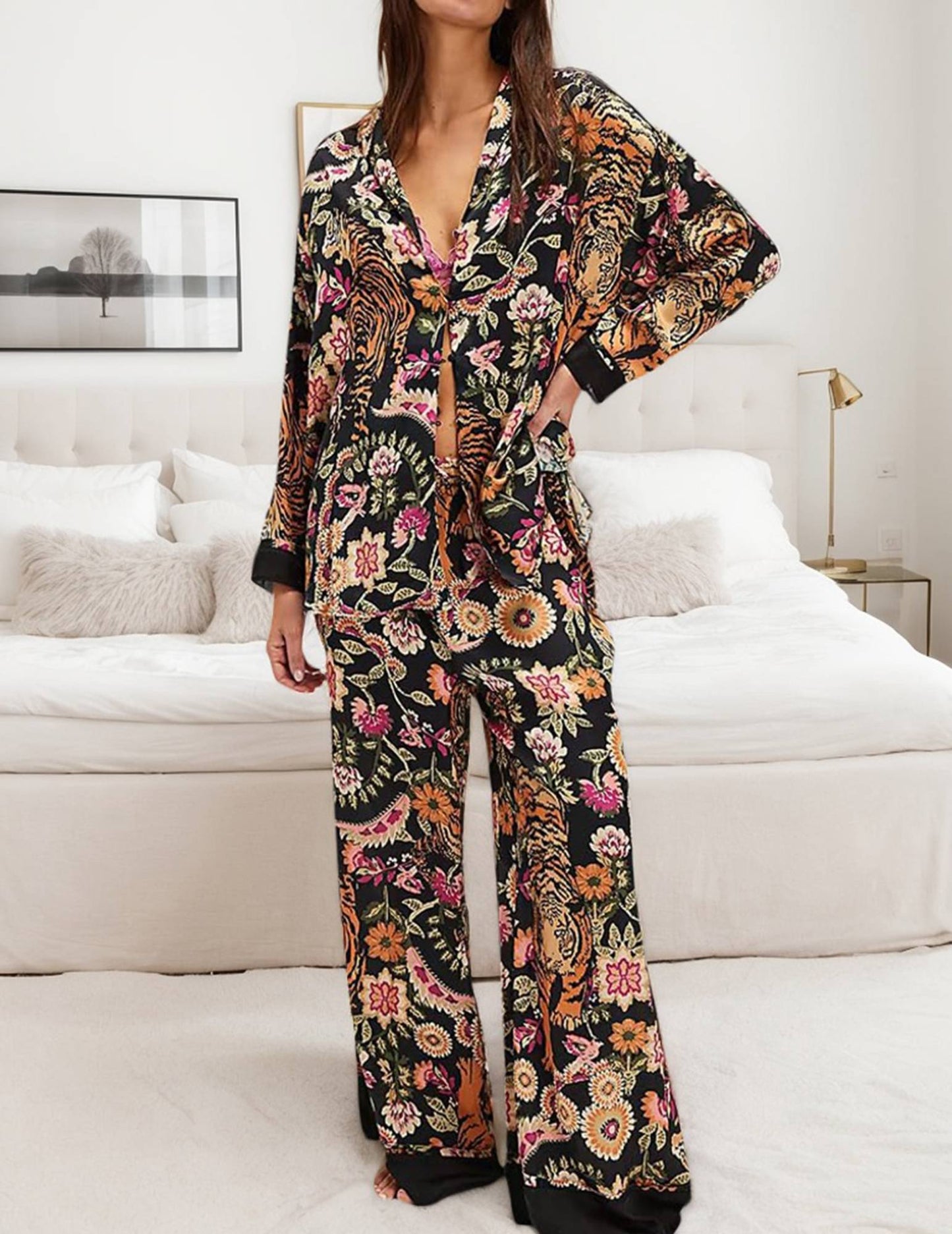 Women Satin Pajamas Set 2 Piece Western Cowgirl Silk Pjs Wide Leg Pants Button Down Loungewear