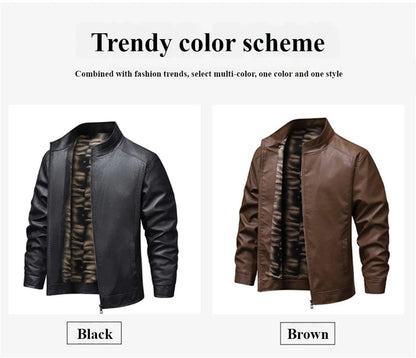2025 New Men's autumn thin velvet leather jacket, warm and retro men's motorcycle jacket, outdoor casual PU leather jacket