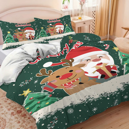3pcs Santa Claus Christmas Tree Print Coreless Duvet Set Bedroom Dormitory Bedding Decoration Comfortable Machine Washable
