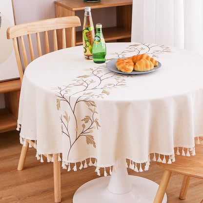 Embroidery Round Tablecloth, Cotton Linen Flower Dust Proof Table Cover, for Kitchen Dining Room,Party,Birthday Tabletop Decor